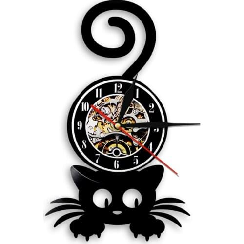 Crazy Cat Lady Wall Art Silhouette Kitten Cat with Funny Tail Home Decor Wall Clock Black Kitty Vinyl Record Clock Pet Lover