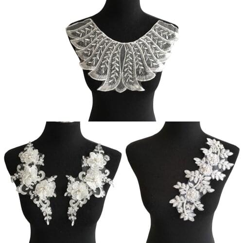 New arrive 3D flower Lace Collar Embroidery Applique Lace Trimming For Sewing DIY ABS pearl Lace Fabric Dresses Accessories