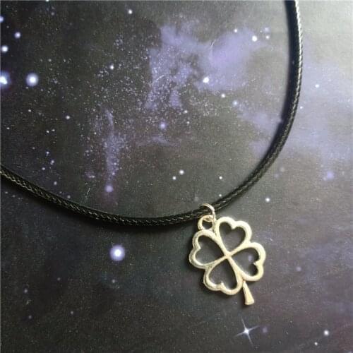 Clover Charm Choker Necklace, Black Leather Choker, Clover Pendant Necklace, Plant jewelry Punk Necklace for Man Woman