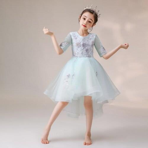 Flower Girls Dresses Appliques Crystal Embroidery Sequined O-Neck Pearls Princess Skirt Tulle Ball Gown Tiered Knee-Length D184