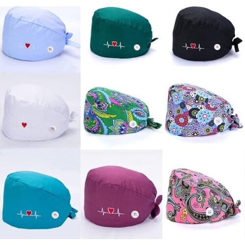 Embroidery Scrubs Hats with Button Anti-lear Sweatband Hats Bandage Adjustable Casual Printed Caps Unisex Washable Working Caps
