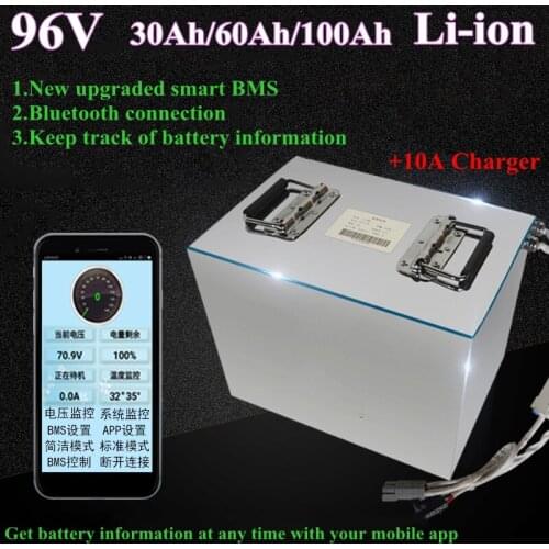 Steel case 96V 30ah 60ah 100ah lithium ion battery pack BMS 26s for larger eletric motorcycle car mortorhome+Charger