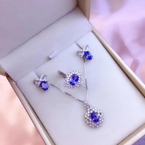 Wedding Best Gift Natural Tanzanite jewelry set Natural Real Tanzanite 925 sterling silver 1pc pendant,1pc ring,2pcs Earring