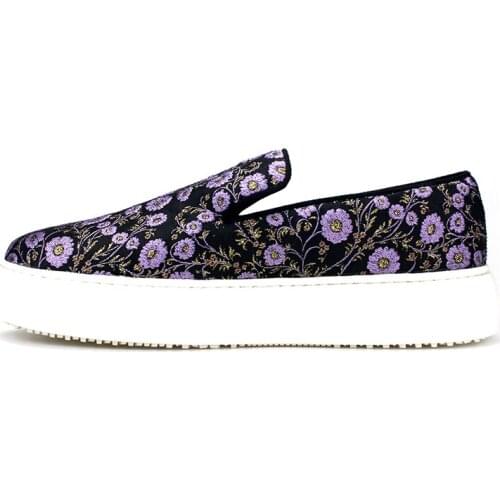 High Quality purple embroider Genuine leather Sports casual shoes Round toe Loafers handmade men shoes Slip on board shoes