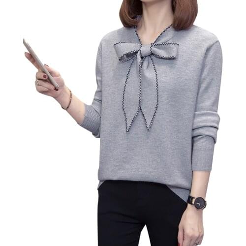 Black Grey Long-Sleeved Bow Oversized Plus Large Size Female Pullover Woman Blouses Winter WomenS Sweaters Clothing 2020 A6414