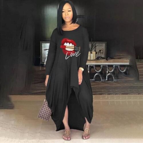 Simple Casual Mouth Print Irregular Dresses Women Long Sleeve Front High Split Loose Dress Casual Fall Draped Floor Length Robe