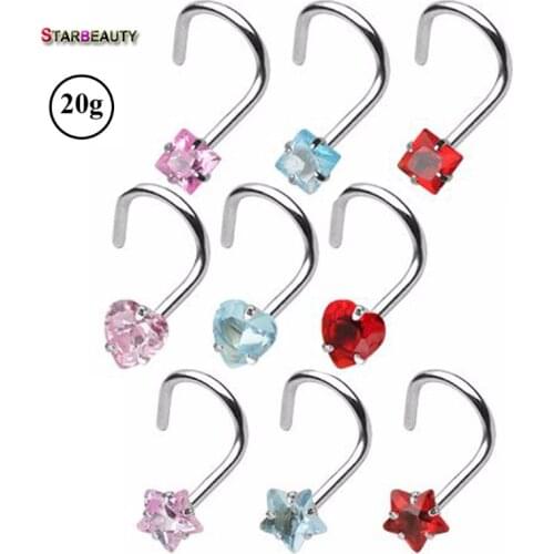 2Pcs Mix Color Star&Heart&Square Zircon Gem Prong Set Screw Twist Curve 20G Nose Screw Rings Piercing Nose Studs Body Jewelry