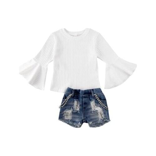2020 Infant Baby Girl Kid Clothes Sets Flare Sleeve White Knit Tops + Jeans Pants Outfits Spring Clothes Set 2PCS