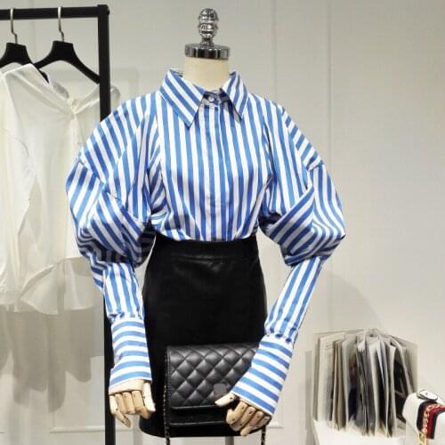 2020 summer new striped women shirts turn-down collar bat-wing sleeved loose office lady elegant shirts outwear tops