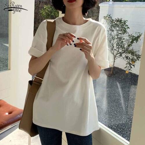 2021 New Solid Plus Size Women Tops and Blouse Short Sleeve Casual Loose O Neck Shirts Women Cotton Ladies Clothing 8779 50
