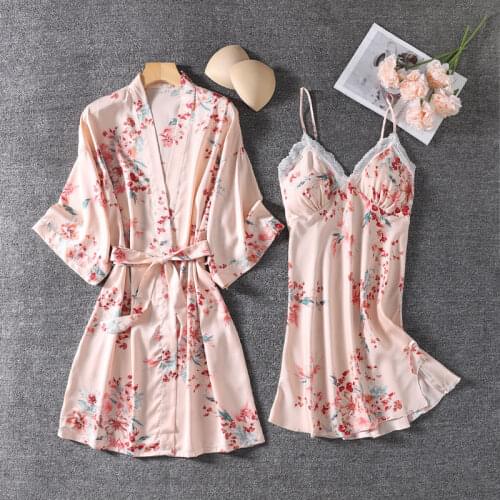 Satin Nightwear Print Flower Robe Women Kimono Bathrobe Gown Lace Sleepwear Nightgown Soft Intimate Lingerie Home Clothes