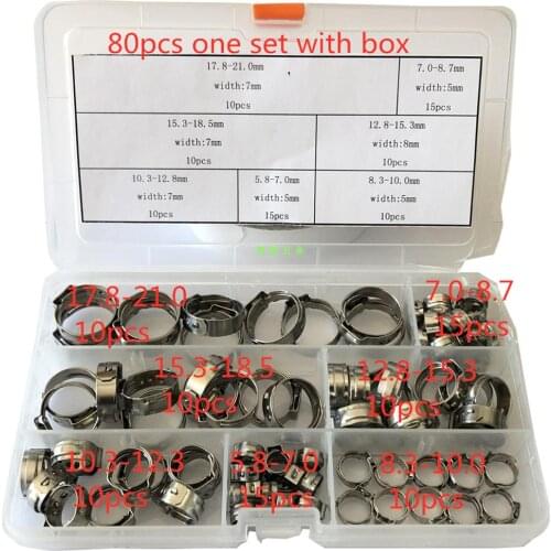 Free shipping Pipe Clamp High Quality 80Pcs one set 304 Stainless Steel Single Ear Stepless Hose Clamps Assortment Kit