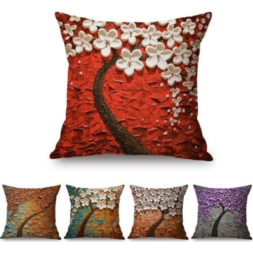 Red Purple Yellow Flower Cherry Blossom Tree Oil Painting Sofa Pillow Case Rectangle Lumbar Waist Pillow Linen Cushion Cover
