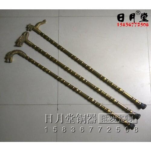 Grandpa Good Lucky Old Folk 37" China BRASS God Longevity Shakyamuni A cane Dragon Phoenix Crosier Walking Stick