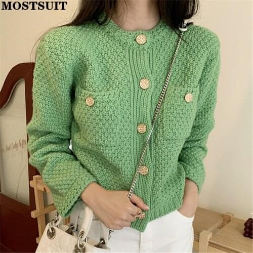 Single Breasted Knitted Cardigan Women Full Sleeve O-neck Pockets Sweater Tops Vintage Fashion Korean Ladies Jumpers
