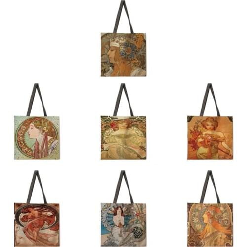 Muxia oil painting linen shopping bag reusable handbag womens shoulder cloth bag foldable linen bag beach tote bag