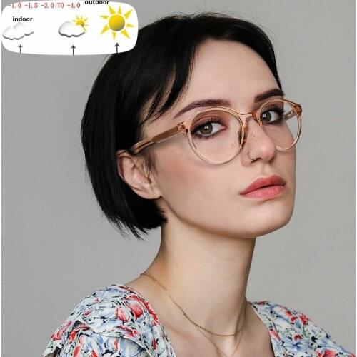 Fashion Round Glasses Brown Frame Women Sun Photochromic Myopia Glasses Eyeglasses Frame With Diopter -0.5 1.0 1.5 2.0 2.5 NX