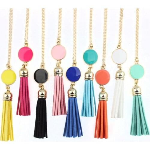 Monogram Enamel Disc Leather Tassel Long China Pendant Necklace for Women Fashion Jewelry