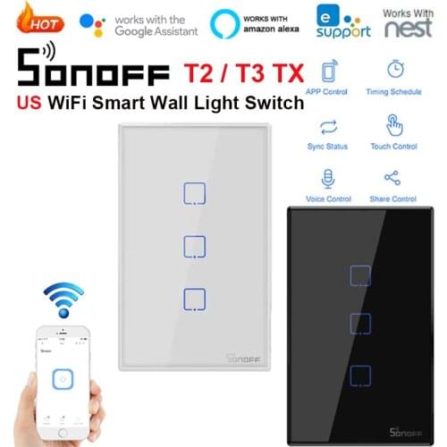 SONOFF TX T2 T3 US Wifi Light Switch 1/2/3 Gang Smart Wireless Wall Touch Panel Switch APP/433 RF Alexa Voice Remote Conrtol