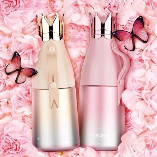 New Stainless Steel Vacuum Water Cup 500ml With Crown Lid Portable Handle Rose Gold Students Office Cup Long Time Keep Warm