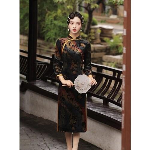 H.RONG.X 2021AW New Print Cheongsam Dress Old Shanghai Orient Women Elegant Chipao Bodycon Sexy Long Gown Fall Traditional Qipao