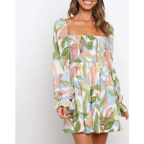 Autumn Dresses For Women Fashion Casual Long Sleeve Floral Print Square Collar A Line Dresses Mini Dress Party Dress Vestidos