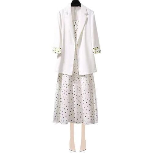 Dress suit summer female plus size 2021 new Korean version of the long section printed sling dress casual suit jacket two-piece