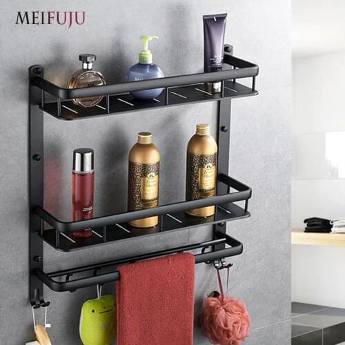 MEIFUJU NEW Aluminum Bathroom Shelf Black Gold Bathroom Shelves Rack with Hooks Single Dual Tier Wall Mounted Corner Shelf
