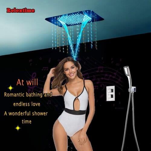 Luxury Rain Shower Set Remote Control LED Recessed Bluetooth Ceiling Mount Shower Head Concealed Thermostatic Shower Set Faucets