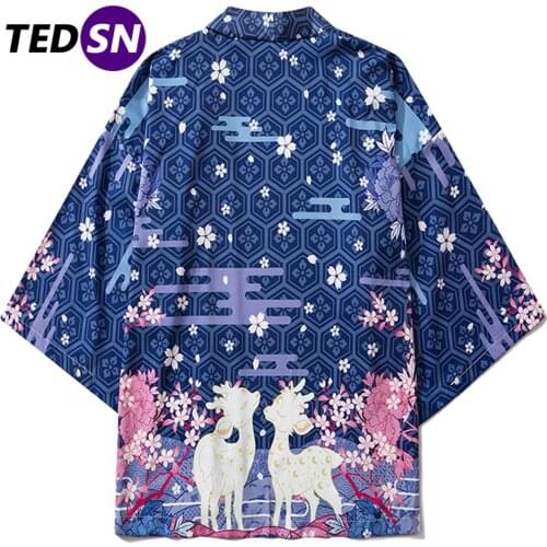 Hip Hop Elk Cherry Blossoms Printed Shirts 2020 Japanese Fashion Streetwear Jackets Summer Front Open Kimono Coats