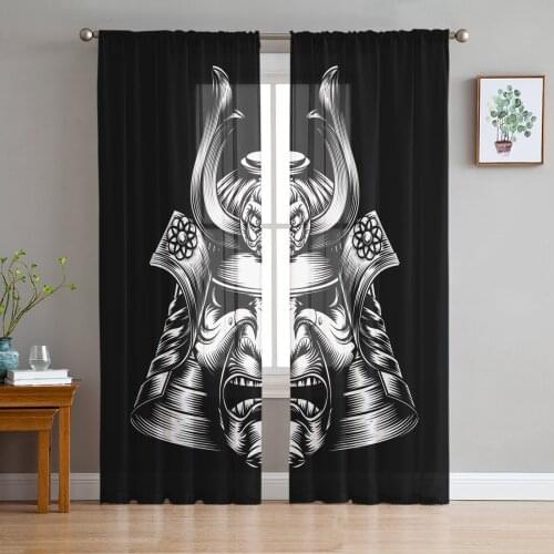 Japanese Samurai Mask Helmet Black Tulle Window Treatment Sheer Curtains for Kitchen Living Room the Bedroom Curtains Decoration