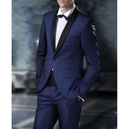 Custom Made Groomsmen Navy Blue Groom Tuxedos Shawl Black Lapel Men Suits Wedding/Prom Best Man Blazer ( Jacket+Pants+Tie) C339