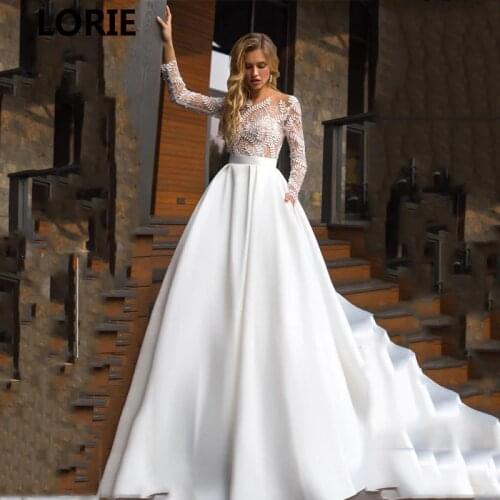 LORIE A Line Princess wedding dresses Satin Boho Lace Bride Gows Appliqued 3/4 Sleeve Floor Length Vestido de Voiva
