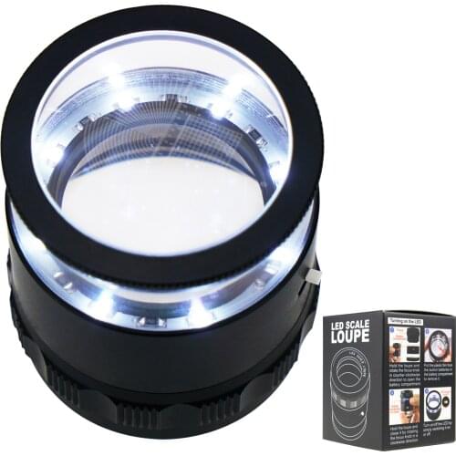 Magnification 10x Magnifier Loupe 25mm Field of View, 1/ 4 / 9 Interchangeable Glass Scale Chart w/ 8 LED Light
