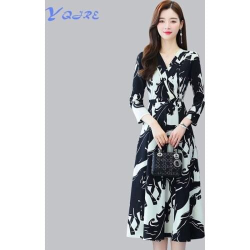 YQJRE New Spring and Autumn Fashion and Elegant Womens V-Neck Printed lace-up Iong-Sleeved Dress