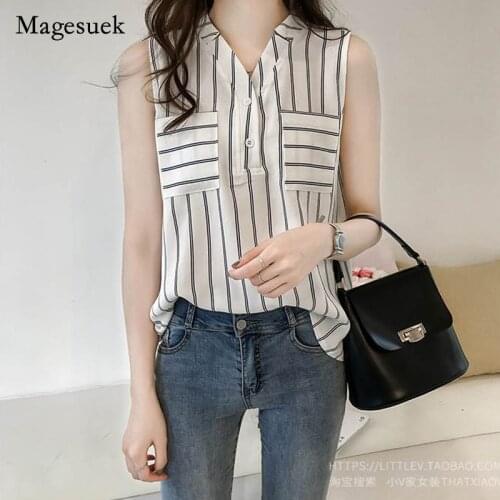 Women Fashion Sleeveless Chiffon Blouse Female Summer New Loose Size Outside Wearing Vest Pattern Striped Shirt Top 3705 50
