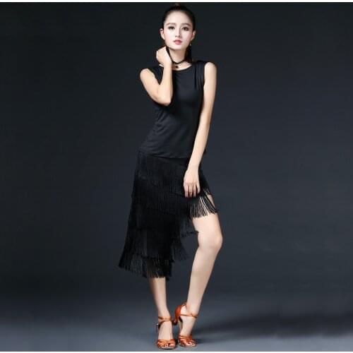 2018 Women Latin Dance Wear Dresses Costume Set 2pcs Set Ballroom Fringe Women Latin Dance Top and Skirt Sleeveless