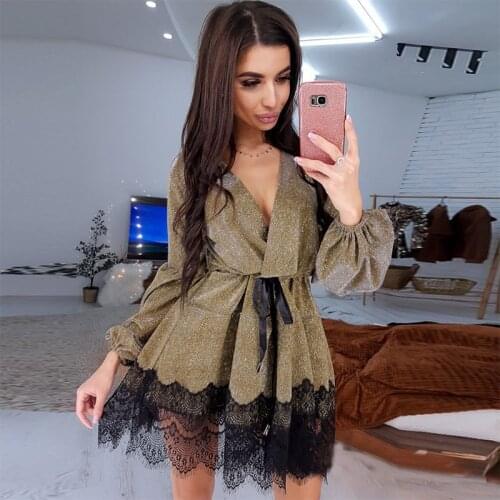 Women Fashion Long sleeve V-neck belt Lace Sexy Mini short dress With Belt