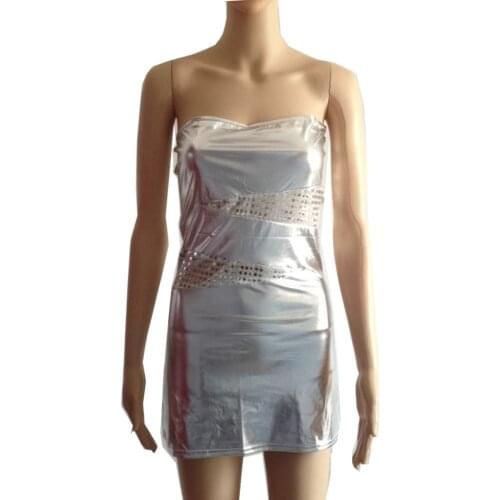 Women Sexy Strapless Wet Look Mini Dress Mesh Splicing Tube Bodycon Stripper Pole Dance Costume Shiny Night Clubwear