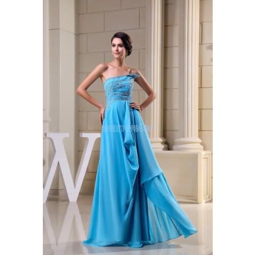Free Shipping New Design Quality Formal Gown Custom blue Chiffon Crystal Long Evening Dress 2016 a-line beading prom gown