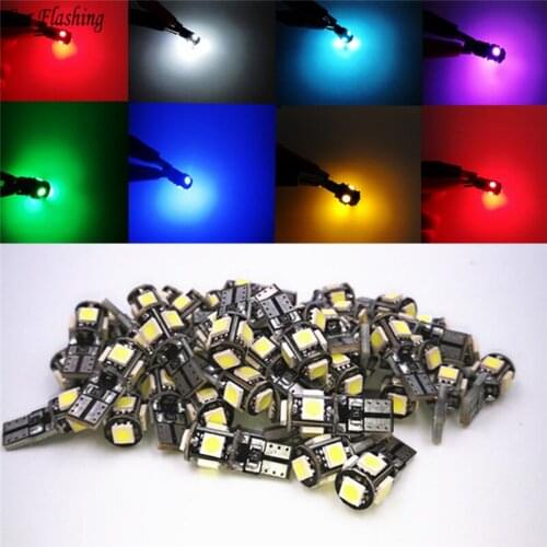 50PCS T10 Canbus White Blue Red Yellow Pink Green Ice Blue 5smd Car Light W5w 194 168 Error Bulbs DC 12V Wedge Lamp Parking Lamp