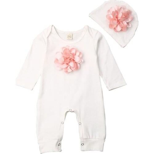 2PCS Newborn Baby Girl Clothes 3D Flower Romper Jumpsuit Long Sleeve Autumn Winter Body Suit Hat Outfit Set Clothings Sunsuits