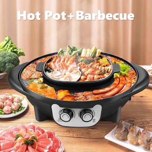 2 in 1 Portable Electric Grill Hot Pot Oven Smokeless Barbecue Machine Home BBQ for Indoor Outdoor Roast Meat Dish Plate 2200W