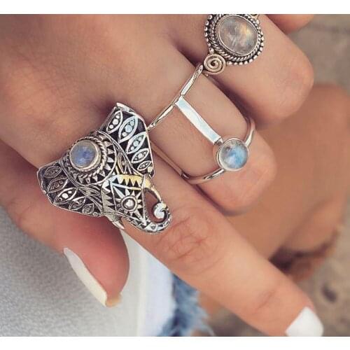 3 pcs set personality vintage knuckle rings for women with elephant and acrylic gem design female knokkels rings