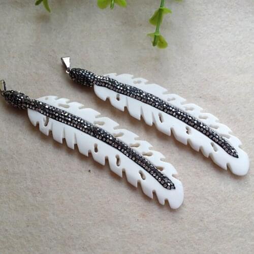 5pcs/lot Paved rhinestone Crystal Caps OX / Bull Bone Leaf feather Pendant Charm FOR Various Necklace Jewelry Handmade P22