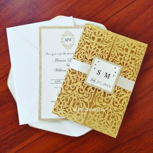 50X Elegant Wedding Invitation With Glittery Insert And Tag DIY Laser Cut Personalized Print Greeting Cards For Marriage Party