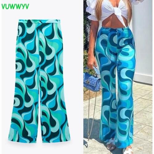 VUWWYV Za Women Wide Leg Pant Blue Print High Waist Woman Pants Summer 2021 Baggy Pants Women Vintage Streetwear Fluid Trousers