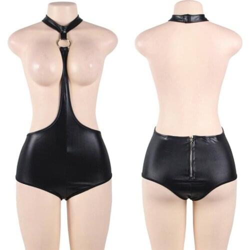 Black Women Faux Leather Cupless Catsuit Teddy Zipper Suspender Shorts Halter Romper Bodysuit Lingerie