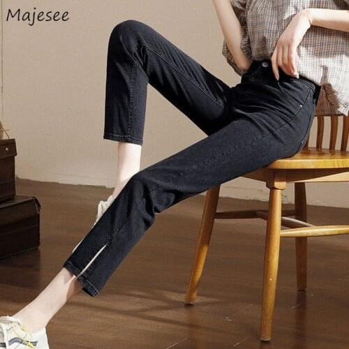 Jeans Women Pencil Sexy Slim High Waist Spring Autumn Ankle-length Vintage Button Side-slit Female Plus Size Korean Style Simple