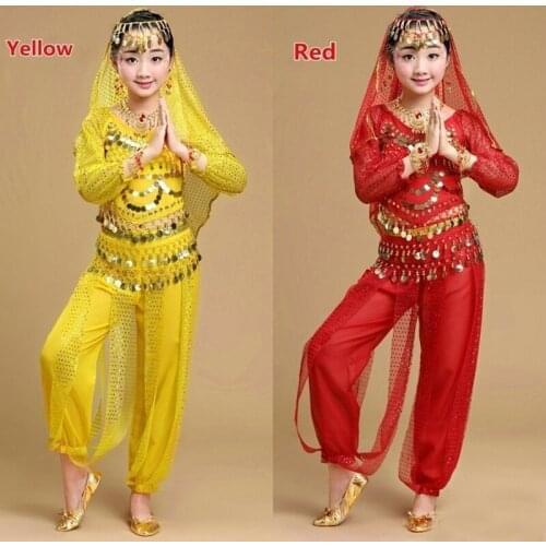 Girls Belly Dance Clothing Sets Performance Costumes Ethnic Long Sleeves Sequin Indian Dancing Clothes For Kids Girls Women